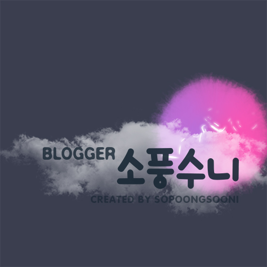 Blogger logo banner reading 'BLOGGER 소풍수니' with a pink cloud glow on a dark blue background, 'Created by SOPOONGSOONII' text beneath.